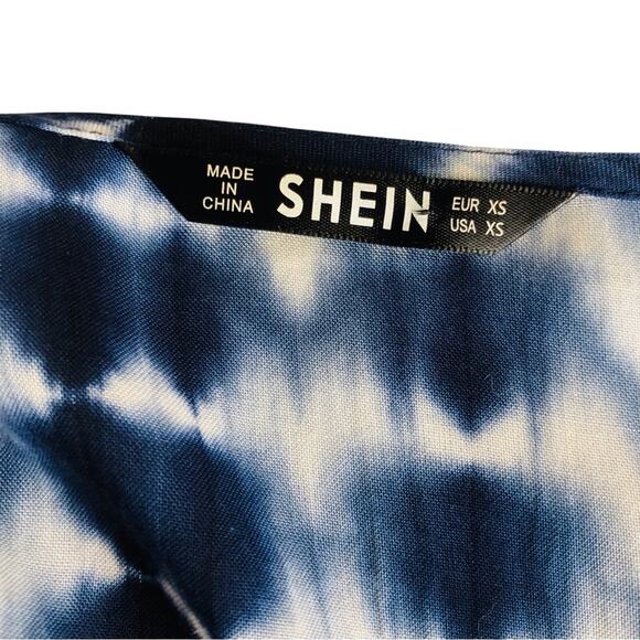 Shein Navy White Tie Dye Palazzo Jumpsuit Plunge Neckline Twisted Knot Front - Picture 9 of 16